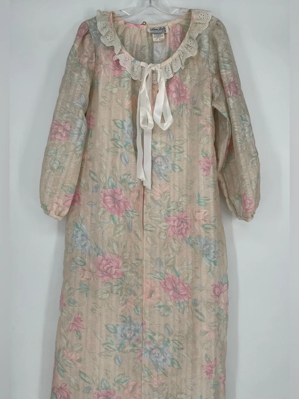 Vtg Anne Leslie Pastel Muted Floral 80s Textured Maxi House Coat PJs Zip Front - Picture 5 of 16